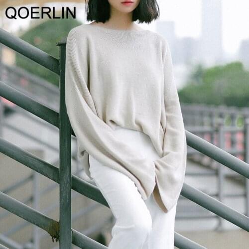 QOERLIN Oversized Sweater Korean Fashion Pulls Female Long Sleeve Top Pullovers Autumn Winter Solid Pink Knitted Sweater Jumper