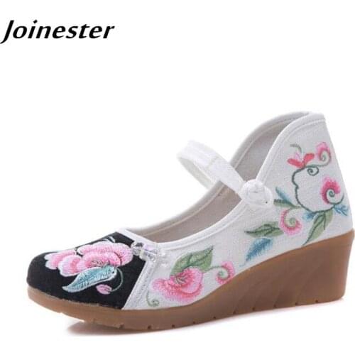 Spring Ladies Floral Embroidered Wedges Pumps Woman Ethnic Mary Jane Dress Shoes Summer Cover Heel Sandals Casual Espadrilles