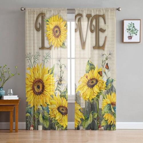 Sunflower Flower Butterfly Retro Tulle Curtains for Living Room Bedroom Modern Kitchen Sheer Curtains for Voile Curtain