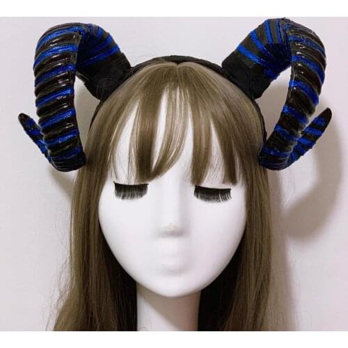 Steampunk Blue Sheep Horn Headband Flowers Horns Headpiece Vintage Hair Accessories