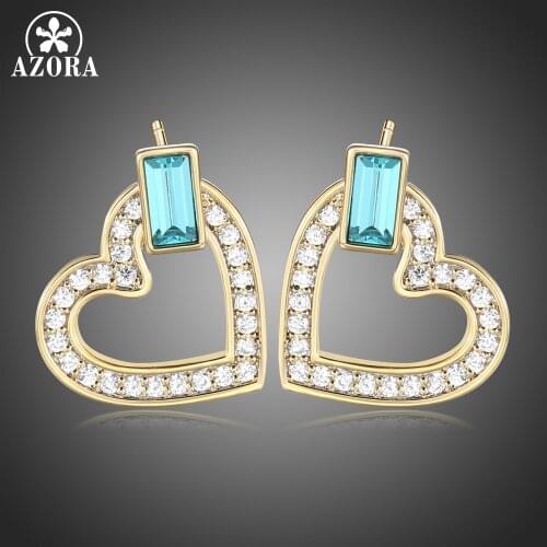 AZORA Lovely Heart Blue Austrian Crystals Stud Earrings for Women Dating Paved Shiny Clear Cubic Zircon Fashion Jewelry TE0385