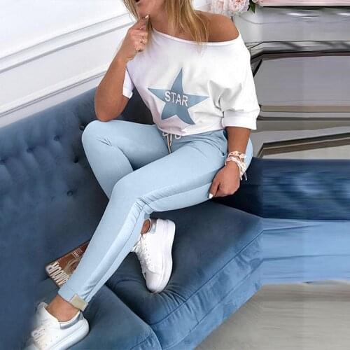 Fashion Two Piece Matching Sets Star Print Top & Drawstring Design 2021 Women Pant Sets Chic Casual Sweatsuit Womens Sets