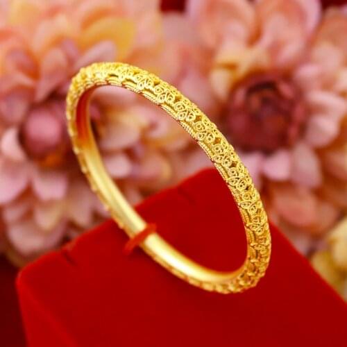 6mm Wide Newest Flower Hollow Filigree Bangle Beautiful Jewelry Yellow Gold Filled Bridal Womens Bangle Bracelet Charm Gift