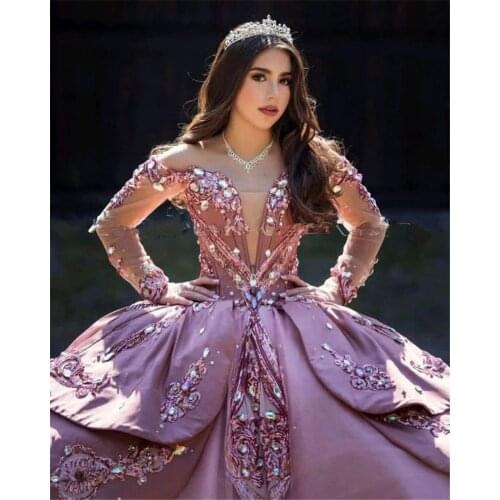 2021 Princess Ball Gowns Quinceanera Dresses Sheer Long Sleeves Rose Gold Sequins Plus Size Sweet 16 Dress Vestido De 15 Anos