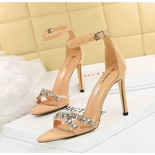 BIGTREE Black Crystal Women Embellished Suede Leather High Heel Sandals Sexy Peep Toe Ankle Strap Rhinestones Gladiator Shoes