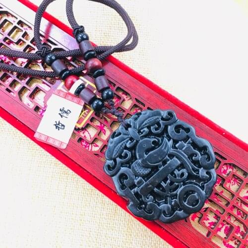 Natural Hetian Black Jade Hand-carved black double-sided hollow flower and bird pendant necklace Sweater chain Send certificate