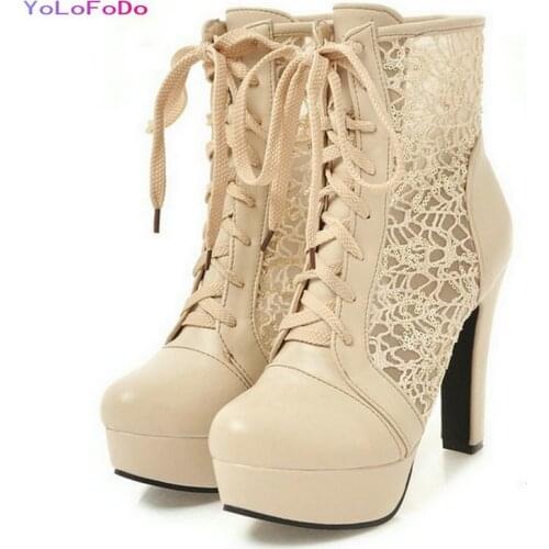 Black White Beige Summer Women Ankle Boots PU Leather Mesh Ladies Square High Heel Boots Lace Up Platform Women Summer Boots