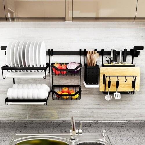 Black Paint Stainless Steel Kitchen Storage Rack Wall Mounted Cross Window Knife Rack Chopsticks Cage Dish Seasoning Rack Storag