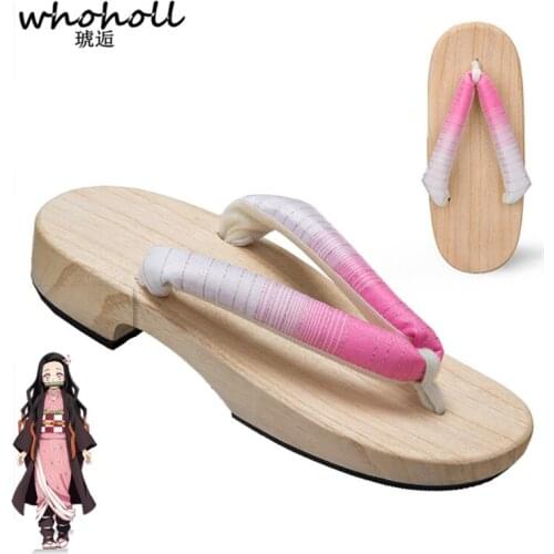 Demon Slayer Kimetsu no Yaiba Cosplay Costumes Kamado Nezuko Geta Slippers Japanese Wooden Clogs for Women Kimono Flip-flops