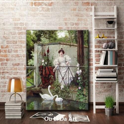 Classical court figures girl white swan scenery oil paintings canvas printing printed on canvas wall art decoration picture