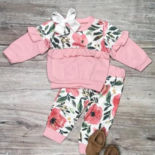 1-5Years Baby Girls Clothes Set 2021 Autumn Kids Floral Ruffle Tracksuist Long Sleeve Tops Sweatshirt Pants Casual Baby Outfit