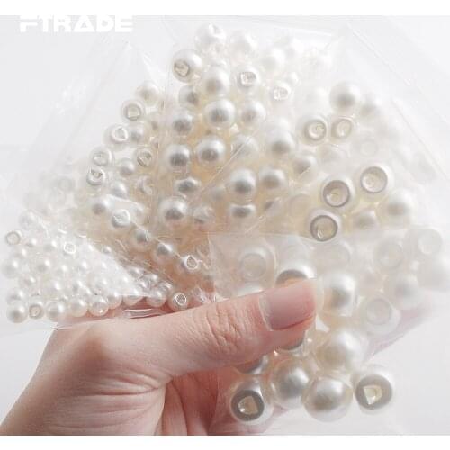 250Pcs 6mm-14mm White/Ivory Side Hole Round Acrylic Pearl Buttons Sewing on Pearl Accessories Wedding shoes skirt decoration