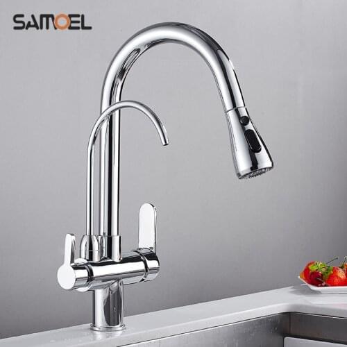 Brass Kitchen Water Filter Mixer Taps Silver Chrome Finish Three Way Dual Handle Pull Out Sink Faucet B3322