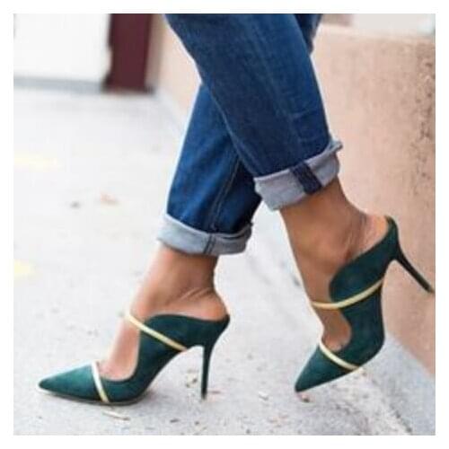 Green Suede Pointy Toe High Heel Mules Double Straps Slip On Shoes Summer Womens Shoes Slingback High Heel Celebrity Shoes