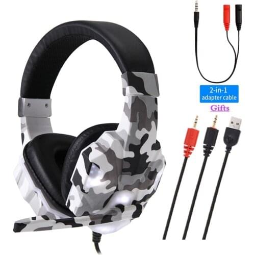 Snow Camouflage color Gamer Headset with Microphone LED light Volume Control 3.5MM Over Ear Gaming Headphone For PC PS4 xbox