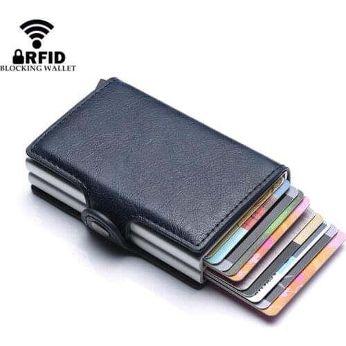 2021 New Double Layers Anti RFID Men leather Credit Card Holder Metal ID Card Case Aluminium Card Protection Male Travel Wallet