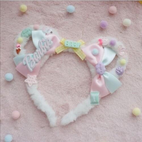 Original Hand-Made Cream Dessert Lolita Hairband Sweet Bear Ears KC Hair Accessories Pink Blue Bow Headdress Cosplay Headwear