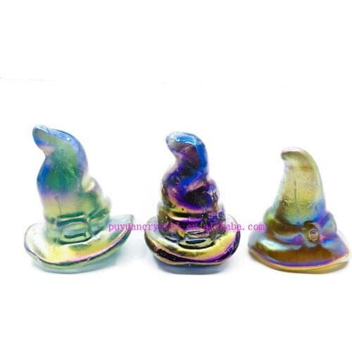 Angel Aura Natural Lepidolite Carved Witch Hat Quartz Figurine Healing Crystal Feng Shui Halloween Home Decor Reiki Gift