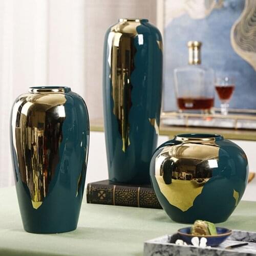 Modern Home Living Room Desktop Flower Arrangement Ceramics Gold Green Blue Vase Simple Insert Crafts Ornaments