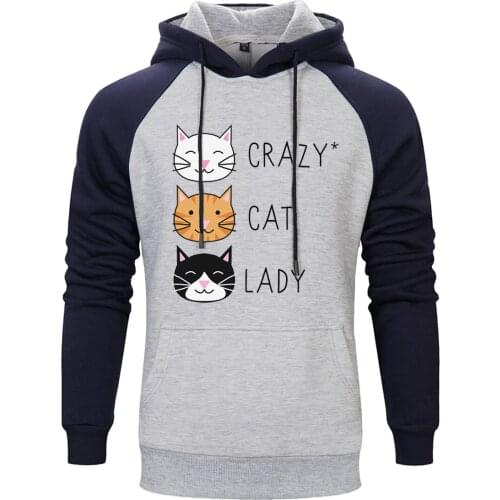 Raglan Hoody For Mens Crazy Cat Lady Print Streetwear Fashion Sweatshirts and Hoodie Leisure Clothing Casual Hip Hop Pullovers