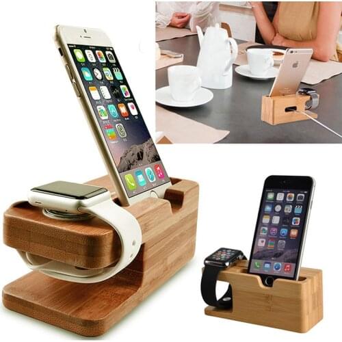 Natural Bamboo Charging Dock Station Bracket Cradle Stand Phone and Smartwatch Holder For IOS and Android