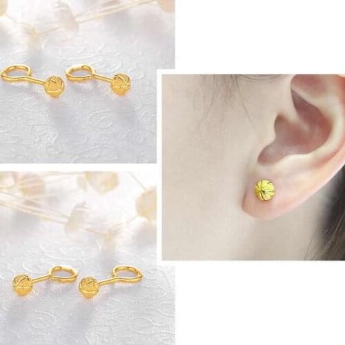 Solid 24K Yellow Gold Earrings Women 999 Gold Pumpkin Sandstone Ball Stud Earrings
