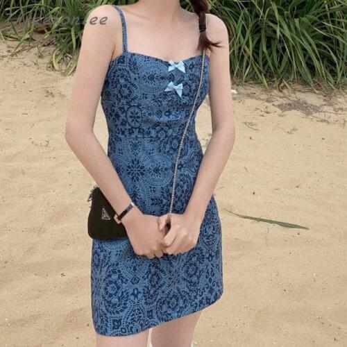 2021 Summer New Fashion Korean Dress Bow Denim Blue Print Slim Sexy Temperament Suspender A-line Dress