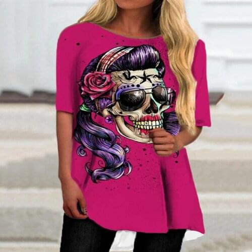 Womens Summer Short Sleeve Printed Tops Plus Size Skull Print O-Neck Irregular Ladies T-Shirt Loose Fashion Multicolor Pullover