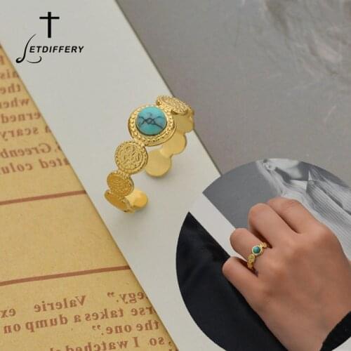 Letdiffery Vintage Bohemia Blue Stone Rings Stainless Steel for Women Geometric Adjusable Size Open Ring Jewelry Dropshipping