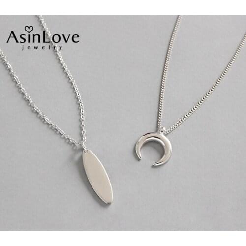 AsinLove Real 925 Sterling Silver Combination Necklace Fashion Korean Long Strip Moon Pendant Necklace for Women Fine Jewelry