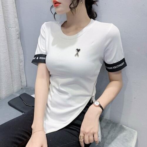 2021 summer new Women short Sleeve zipper Split fork T Shirt Women Fashion Tops Casual Slim Woman T Shirts y2k top