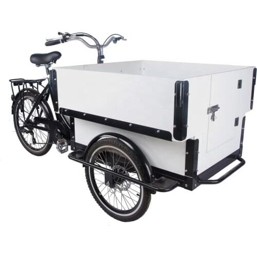 2021 Pedal Electric Bicycle Open Cargo Bike Adult MotorTricycle with Front Wooden Box Shopping Cart for Sale