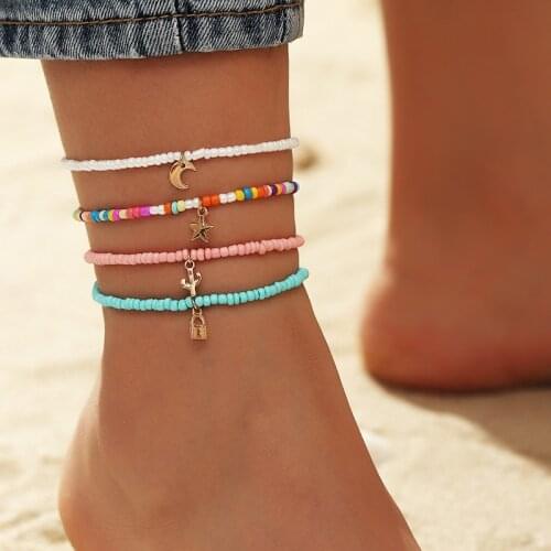4Pcs/Set Rainbow Beaded Anklet Bracelet for Women Star Moon Cactus Lock Pendant Anklets Barefoot Sandals On Foot Ankle Jewelry