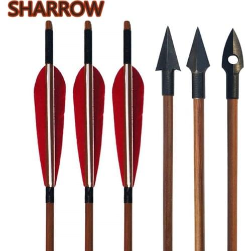 6pcs Archery Bamboo Arrows Handmade 5" Turkey Feather With Hunting Broadhead Bamboo Arrow Outdoor Hunting Shooting Accessories