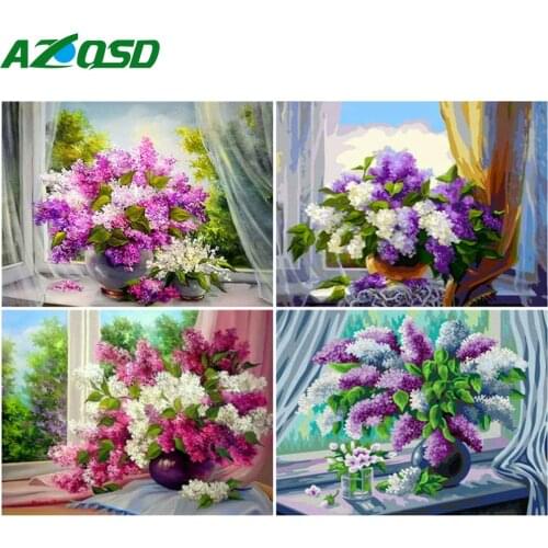 AZQSD Painting By Number Flower Drawing On Canvas Diy Frame Paint By Numbers Window Landscape Kits Modern Wall Art Gifts
