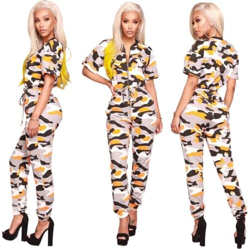 Camouflage Jumpsuit Women Summer Short Sleeve Zipper Front One Piece Jumpsuit Long Pants Casual Rompers Camo Overalls for Women