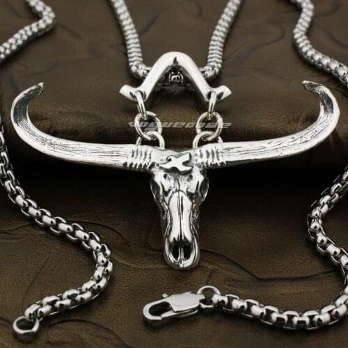 LINSION Top Quality Charm Big Buffalo Skull Bull Horn 925 Sterling Silver Mens Biker Rock Punk Pendant 8P015