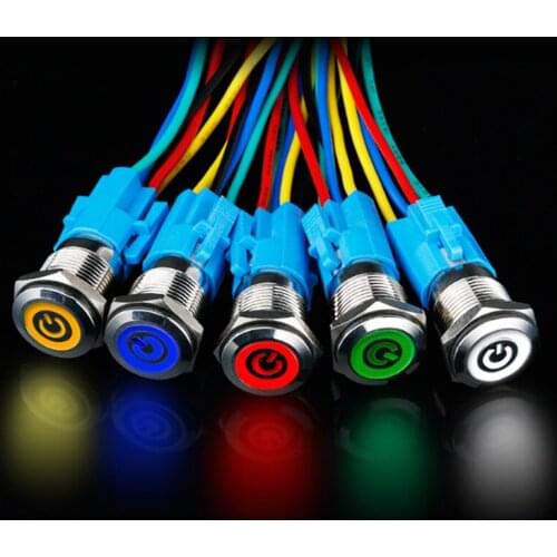 16mm Metal Annular Push Button Switch Ring LED 5-380V 12V 6V 5v Self-lock Momentary Latching Waterproof Car Auto Engine Red Blue