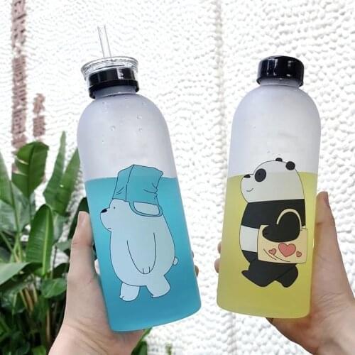 Cute 1000ml Plastic Panda Bear Pattern Water Bottle Cartoon Frosted Water Cup Drinkware Transparent Sports Drinking Water Bottle