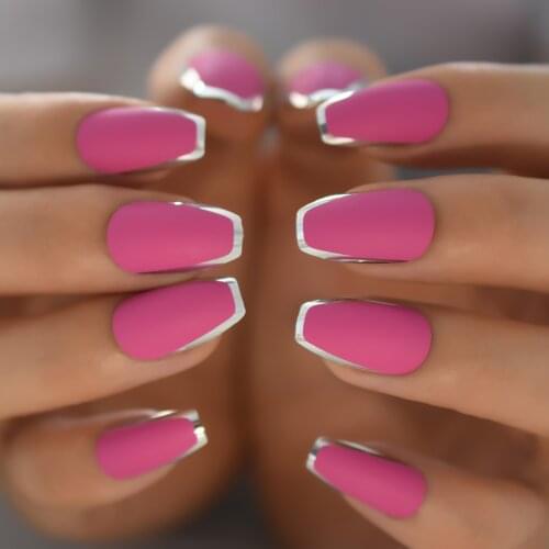 Medium Length Fake Nails Redesigned Coffin Classy False Nails Matte Rose Red Press On Nails Silver Side Decorative Finger Tips