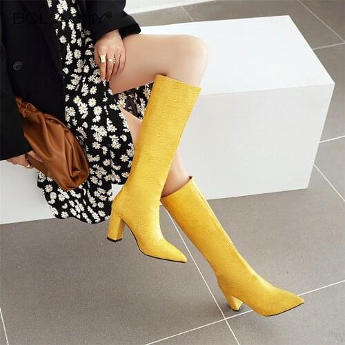 2020 new Band Designer Faux Leather Women Knee High Boots Pointed Toe Boots slip-on Women Long Chunky Block High Heel Boots34-43