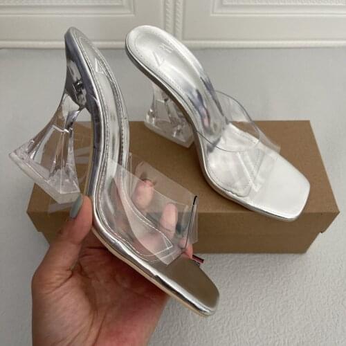 Sexy Womens Slippers New Summer Square Toe PVC Transparent Upper Crystal Heel Outer Wear Silver Sandals