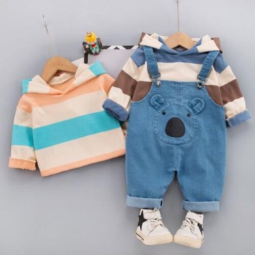 Spring and autumn baby boy clothing set 2021 new female baby casual striped hooded sweater + denim suspenders pants infant cloth