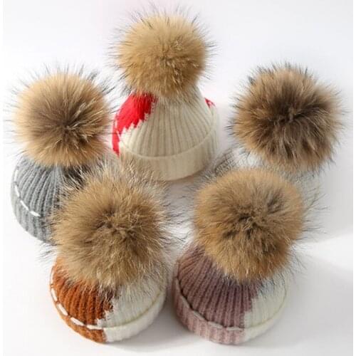 QIUNAN001 Winter Real Fur Pom pom Knitted Beanies Cap Women Casual Patchwork Thick Warm Wool Skullies Hat Gorros