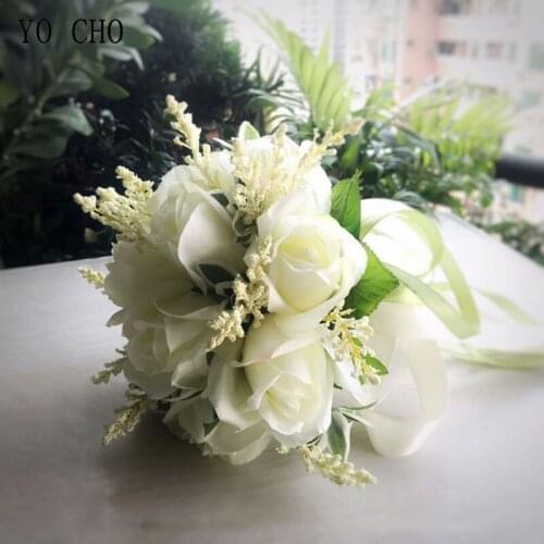 YO CHO Silk Roses White Wedding Bouquet for Bridesmaids Wedding Artificial Flower Bridal Bouquets Bride Bouquet Flowers Marriage