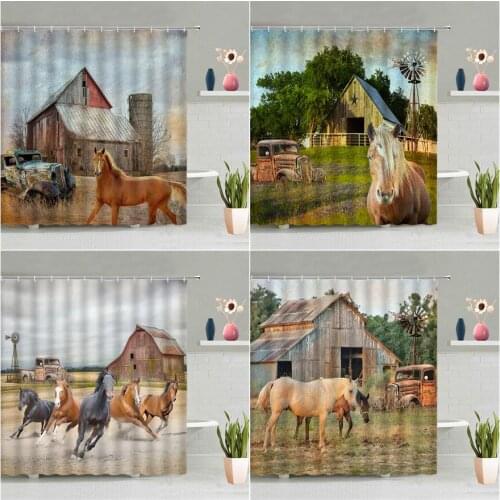 Retro Vintage Car Shower Curtain Motorcycle Coconut Tree Surfboard Travel Bathroom Accessories Set With Hook Bathtub Decor Cheap