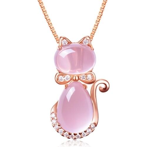 Cute Animal Cat Ross Quartz Crystal Fortune Cat Pendant Necklace For Women Weed Girls Clavicle Chain Fashion Jewelry