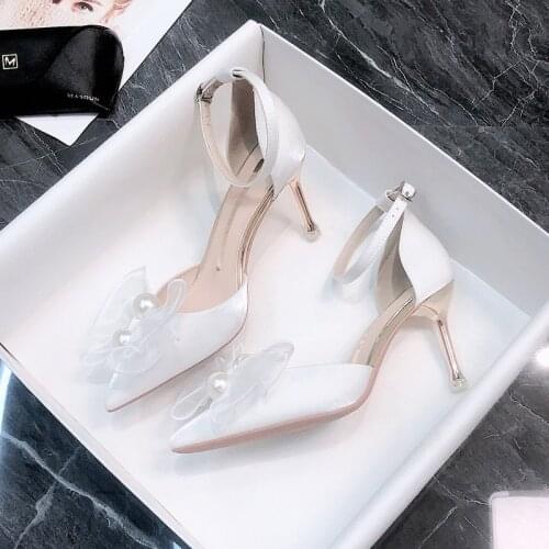 2021 New Sweet Pumps Heels Women Sandals French High Heels Pointed Toe Stiletto White Black Shoes Womens Chaussure Femme