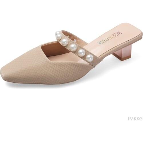 Woman Leather Mules Shoes 2021 Summer Female Pearl Elegant Pumps Square Toe High Heels Slippers Sandals Zapatillas Casa Muje