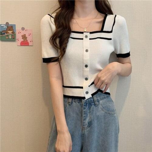 Woman TShirts Summer Square Collar Backless Short Sleeve Short Knitted Top for Women Crop Top Mujer Camisetas